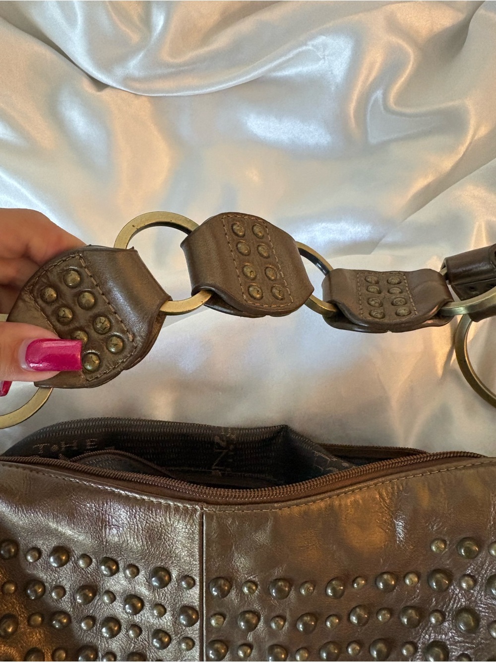 Studded Brown Leather Hobo Shoulder Bag - Picture 3 of 3